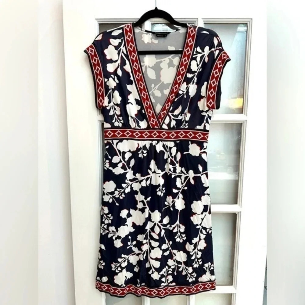 Vintage BCBGMAXAZRIA Y2K Navy Red Bohemian Floral Shift Dress Size M Medium